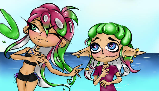 The character designs are based on the game Splatoon 3. There is a female octoling and a male inkling with matching colors at the beach. There is an ocean scene behind them.