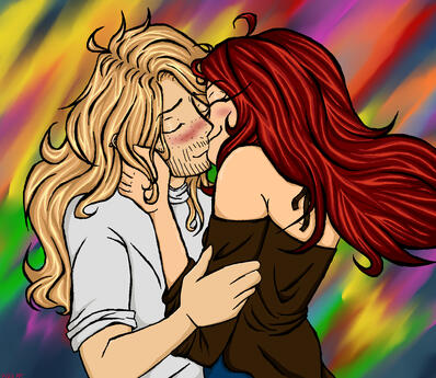 A blonde man kissing a red-haired woman done in detailed pixel art.