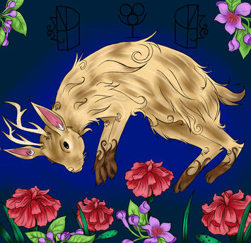A jakalope is surrounded by flowers. A symbol of Dionysus is on the top.